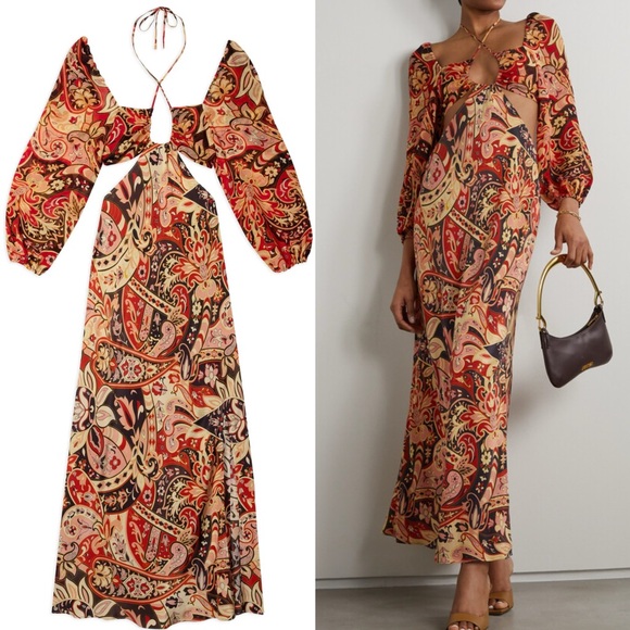NWT RIXO Kamilla Cutout Halterneck Silk Floral Midi Maxi Dress Size L - Picture 1 of 16